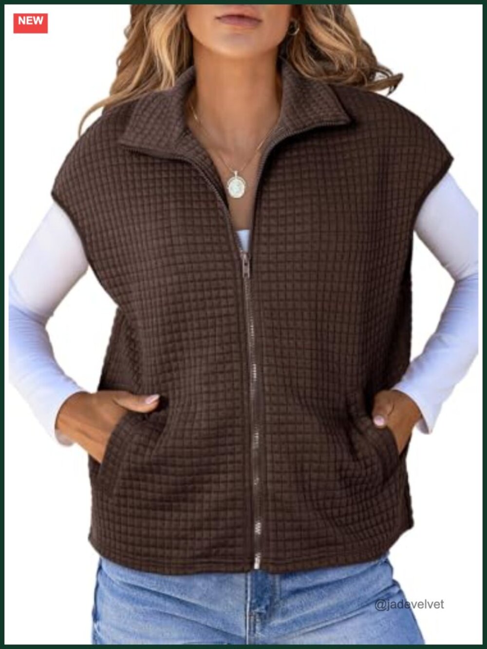 Waffle Knit Zip Up Vest Cap Sleeve Sleeveless Sweatshirt Loose Fit